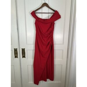 Hello Molly Off Shoulder Ruched Waist Slit Midi Dress Womens Size 8 Red MWT